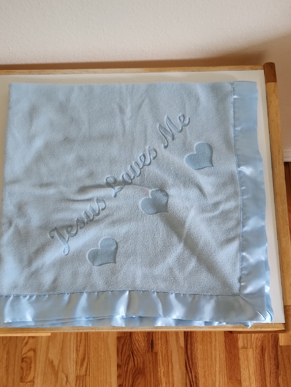 Light Blue Baby Blanket with Satin Trim - Jesus Loves Me